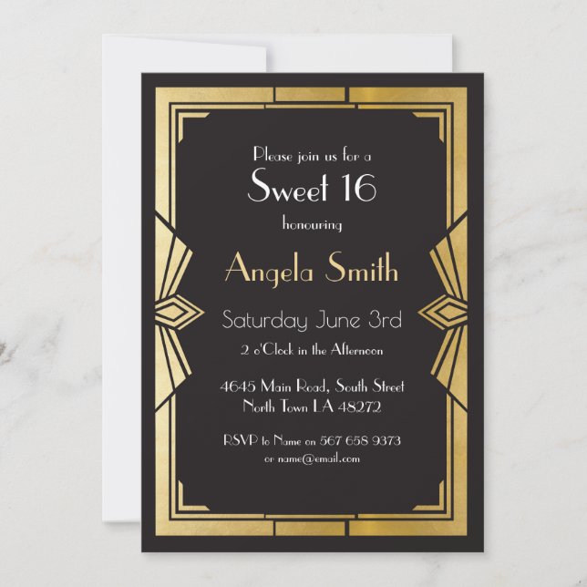 Art Deco Sweet 16 Party Gatsby Black Invite 1920 Einladung (Vorderseite)