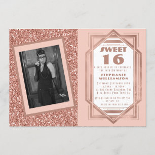 Art Deco Sweet 16 Rose Gold Glitzer Gatsby Foto Einladung