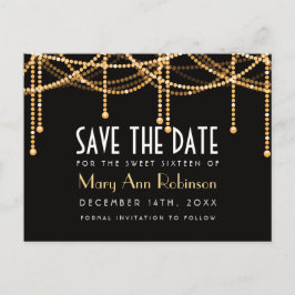 Art Deco Sweet 16 Save the Date Gold String Lights Ankündigungspostkarte