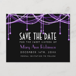 Art Deco Sweet 16 Save the Date String Light Purpl Ankündigungspostkarte