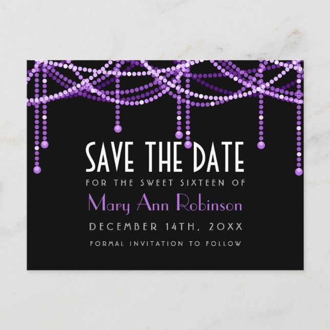 Art Deco Sweet 16 Save the Date String Light Purpl Ankündigungspostkarte (Vorderseite)