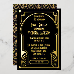 Art Deco Sweet Sixteen Geburtstagsfeier Gold & Sch Folieneinladung