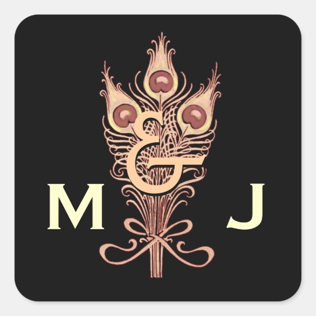Art Deco Tan Peacock Feathers Monogram Wedding Quadratischer Aufkleber (Vorderseite)