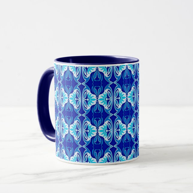 Art Deco Tapete Muster - Kobalt blau und weiß Tasse (Vorderseite Links)
