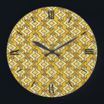 Art Deco Tapete Muster, Mustard Gold Große Wanduhr<br><div class="desc">Art Deco geometrische Tapeten Muster in Creme,  Schwarz und Gold auf einem tiefen Senfgold / gelben Hintergrund</div>