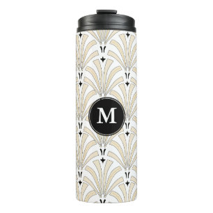 Art Deco Taupe & White Palmettos   Monogramm Thermosbecher