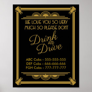 Art Deco Taxis Hochzeitsschild - Nicht trinken und Poster