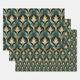 Art Deco Teal & Gold Fan Pattern Wrapping Paper Geschenkpapier Set