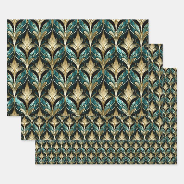 Art Deco Teal & Gold Fan Pattern Wrapping Paper Geschenkpapier Set (Set)