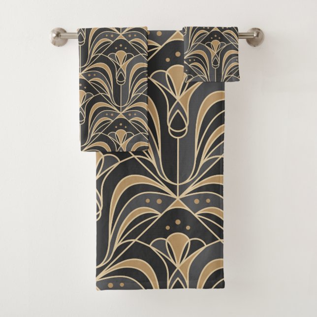 Art Deco Tile Floral. Bluebell-Blume Badhandtuch Set (Insitu)