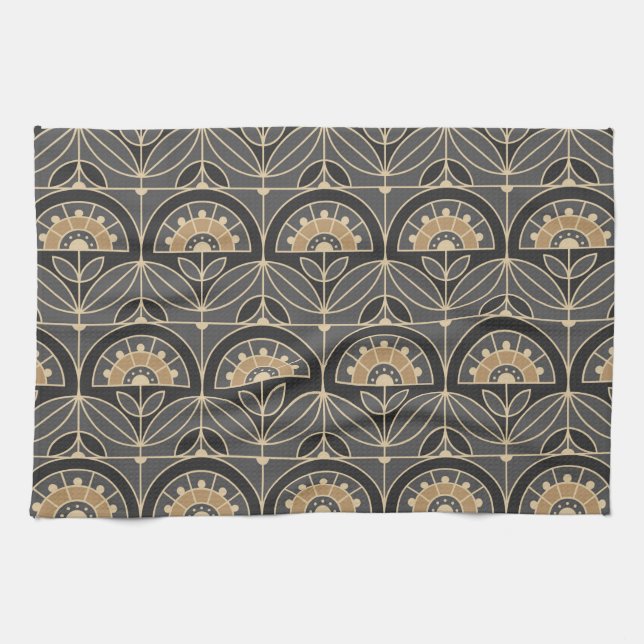 Art Deco Tile Floral (grau und Sand) Geschirrtuch (Horizontal)