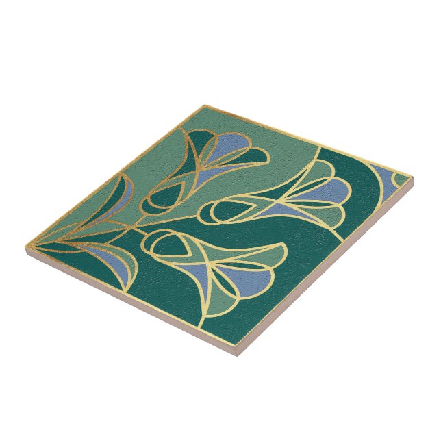 Art Deco Tile Floral. Grün, Blau und Gold Fliese (Seite)
