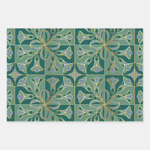 Art Deco Tile Floral. Grün, Blau und Gold Geschenkpapier Set