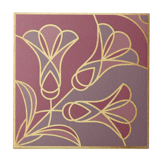Art Deco Tile Floral. Mauve und Gold Fliese (Vorderseite)