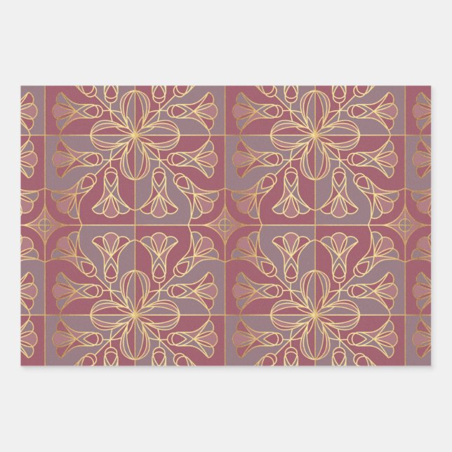 Art Deco Tile Floral. Mauve und Gold Geschenkpapier Set (Vorderseite)