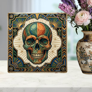 Art Deco Totenkopf Smaragdgrün Orange Gold Keramik Fliese