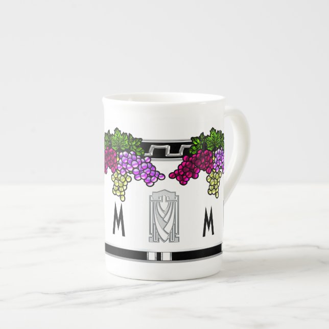Art Déco Trauben - Mit Monogramm (Tasse der Knoche Prozellantasse (Vorderseite Rechts)