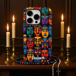 Art Deco Tribal Faces iPhone 16 Pro Hülle<br><div class="desc">This image is a unique fusion of tribal mask motifs and an Art Deco style, featuring a repeating pattern of stylized faces. The artwork has a glossy, raised texture, with thick lines and bold, geometric shapes defining each mask's features. The color palette is vibrant and dramatic, with a striking combination...</div>