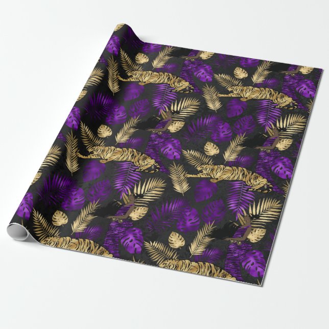Art Deco Tropical Lila und Gold Tiger Geschenkpapier (Ungerollt)