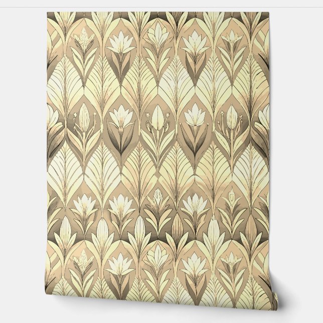 Art Deco Tulip Gold Sepia Pattern Tapete (Abrollen)