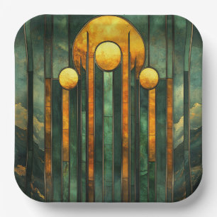 Art Deco Türkis Green Gold Sun Pappteller