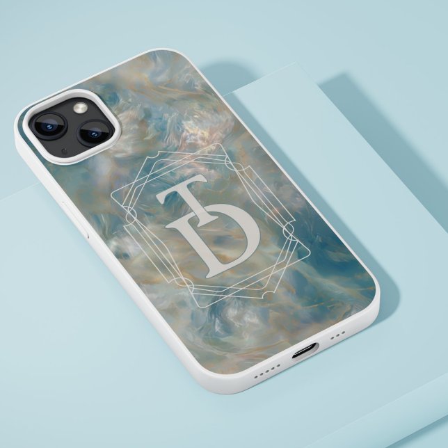Art Deco Türkis und Orange Marmor Monogram Case-Mate iPhone Hülle (Add retro charm to your phone with this Art Deco Turquoise and Orange Marble Monogram Phone Case!)