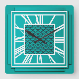 Art Deco, Türkisblau Quadratische Wanduhr