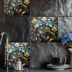 Art Deco Turquoise Black Gold Fan Keramik Tile Fliese