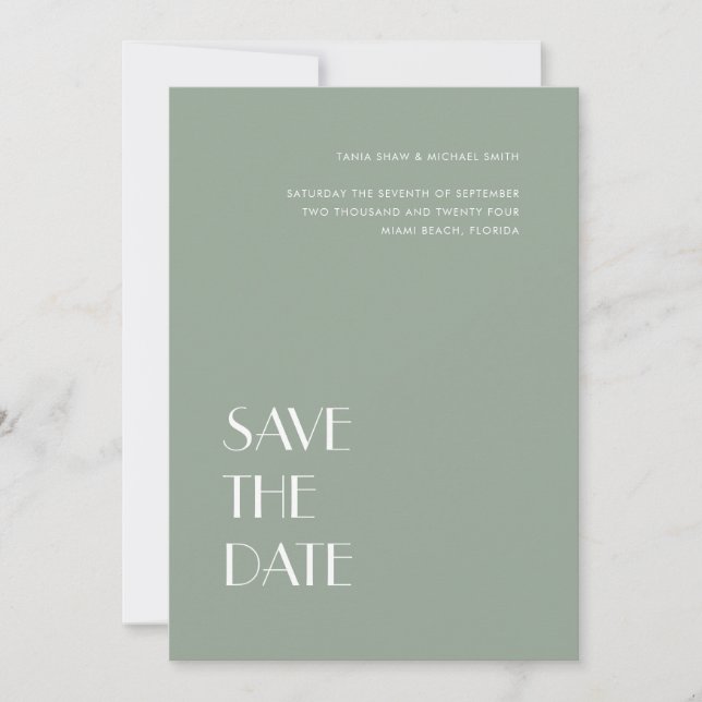 Art Deco Typografie Sage Gray Green Wedding Save The Date (Vorderseite)