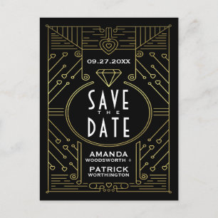 Art Deco Vintag Black Wedding speichert die Datums Ankündigungspostkarte