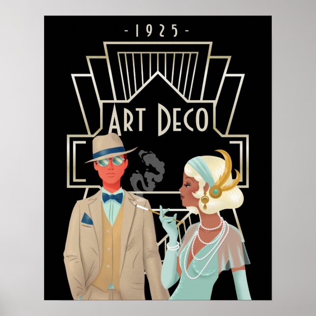 Art Deco Vintag Glam 1920er Jahre Couple Black Poster (Vorne)