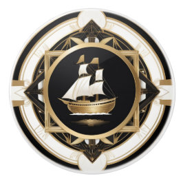 Art Deco Vintag Ship Schwarz-weiß Gold Nautic Keramikknauf