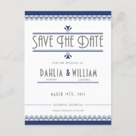 Art Deco Vintag White Navy Blue Save the Date Ankündigungspostkarte