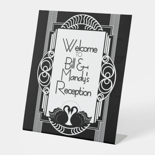 Art Deco Vintage Black and White Swans Sockelschild (Vorderseite)