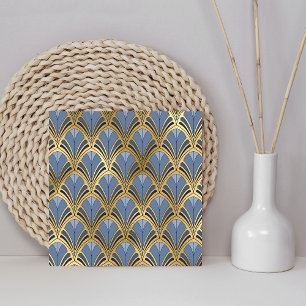 Art Deco Vintage Blumengefächer-Muster Blau Gold Fliese