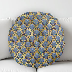 Art Deco Vintage Blumengefächer-Muster Blau Gold Rundes Kissen