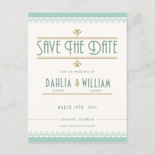 Art Deco Vintage Gold und Minze Save the Date Ankündigungspostkarte