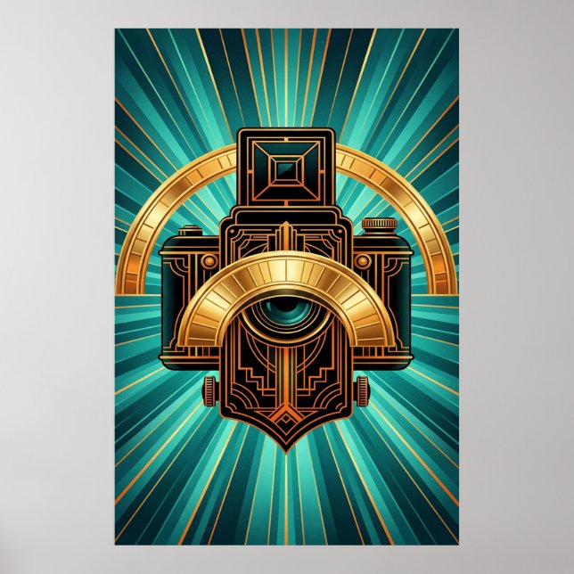 Art Deco Vintage-Kameraobjektiv Gold & Türkis Poster (Vorne)