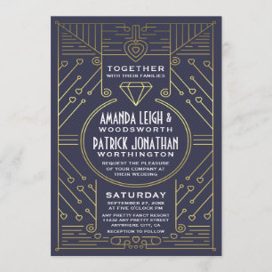 Art Deco Vintage Navy- und Gold-Hochzeitseinladung Einladung
