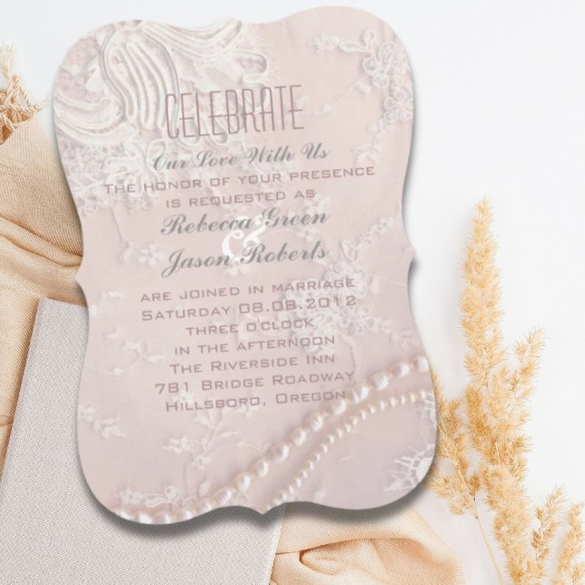 Art Déco Vintage Perlhochzeit Rosa Hochzeit Einladung (Art Deco vintage pearl lace blush pink wedding Invitation)