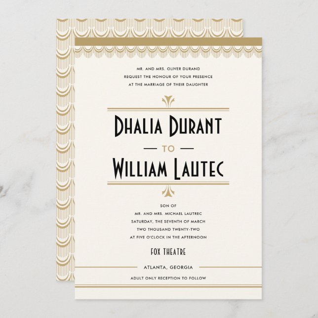 Art Deco Vintage Schwarz-Gold-Hochzeit Einladung (Vorne/Hinten)