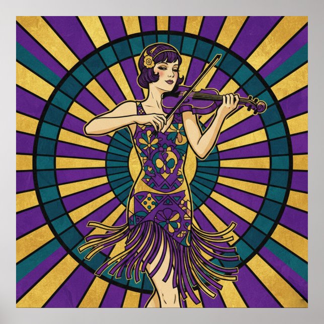 Art Deco Violinist Poster Purple and Gold Flapper  (Vorne)