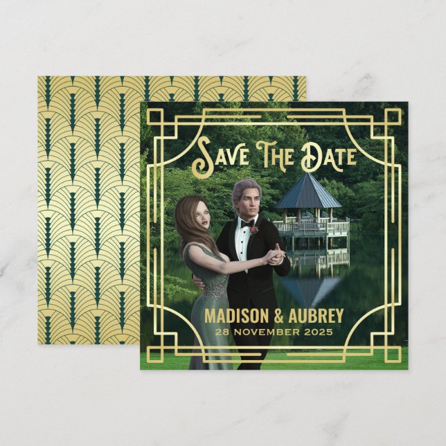 Art Deco Wählen Sie ein Foto Elegantes Gold Save t The Date (Vorne/Hinten)