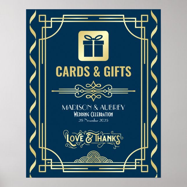 Art Deco Wedding Cards & Gifts Gold Blue Sign Poster (Vorne)