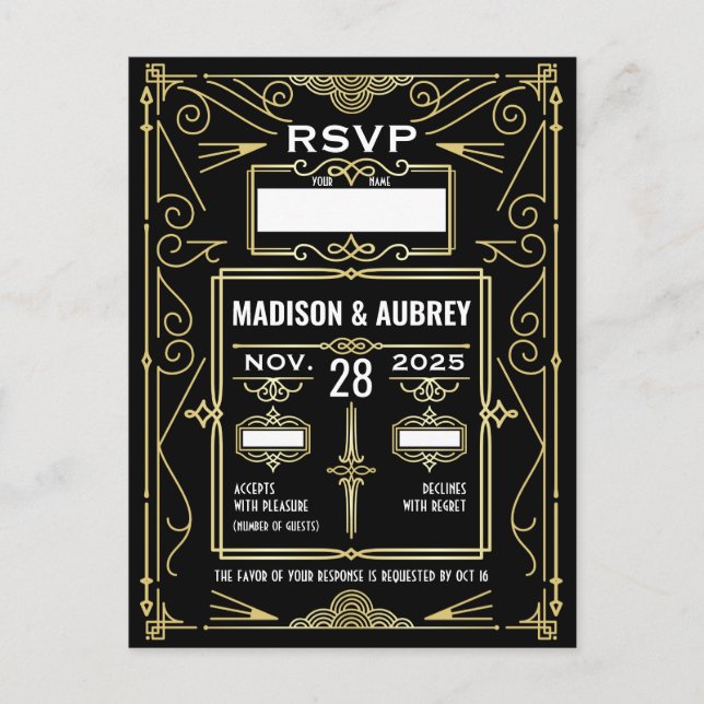 Art Deco Wedding Classy Gold Black UAWG Response Postkarte (Vorderseite)