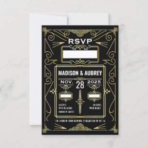 Art Deco Wedding Classy Gold Black UAWG Response RSVP Karte
