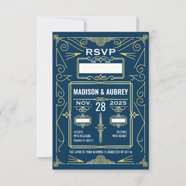 Art Deco Wedding Classy Gold Blue UAWG Response RSVP Karte (Vorderseite)