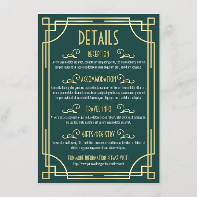 Art Deco Wedding Details Karte Informationen (Vorderseite)