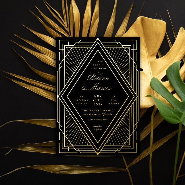 Art Deco Wedding Diamond Black and Gold Folieneinladung (Von Creator hochgeladen)