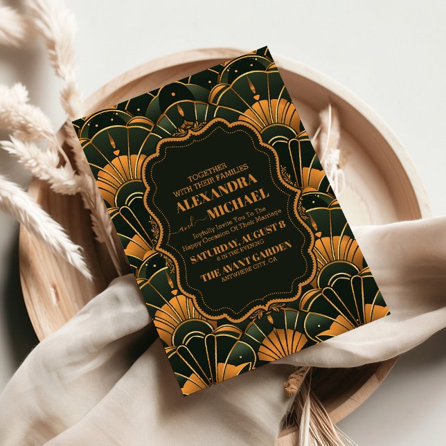 Art Deco Wedding Diamond Gold und Green Einladung (Von Creator hochgeladen)